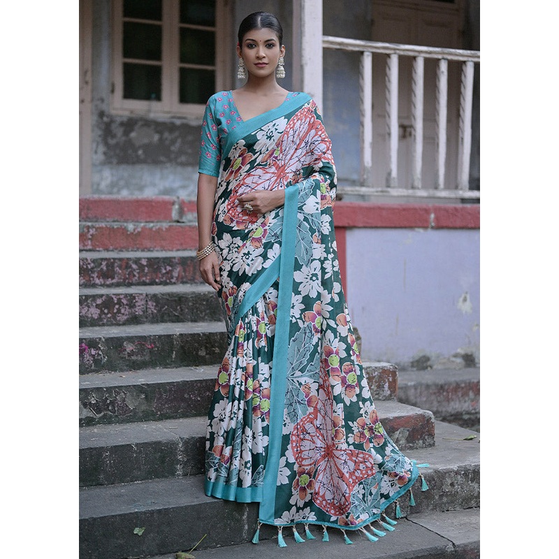Green Cotton Saree With Blouse Piece - JD986612803