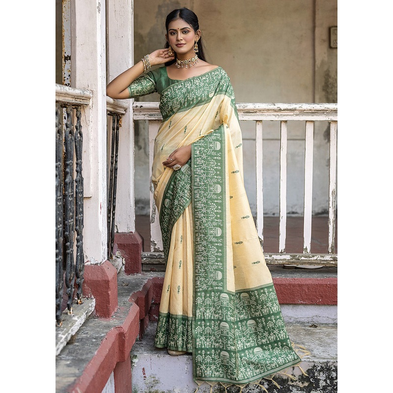 Green Dupion Silk Saree With Blouse Piece - JD986612798