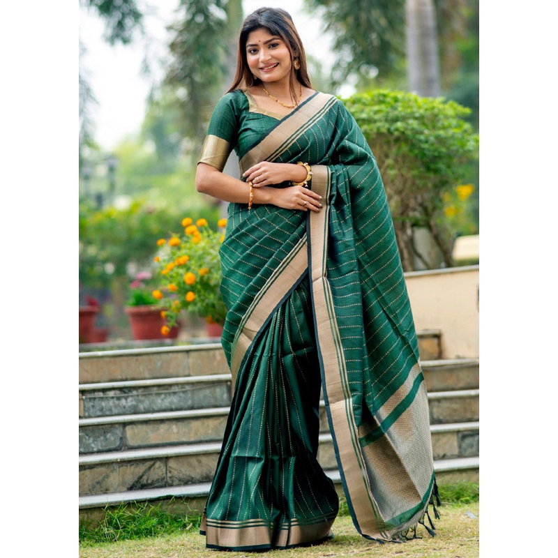Green Dupion Silk Saree With Blouse Piece - JD986612799