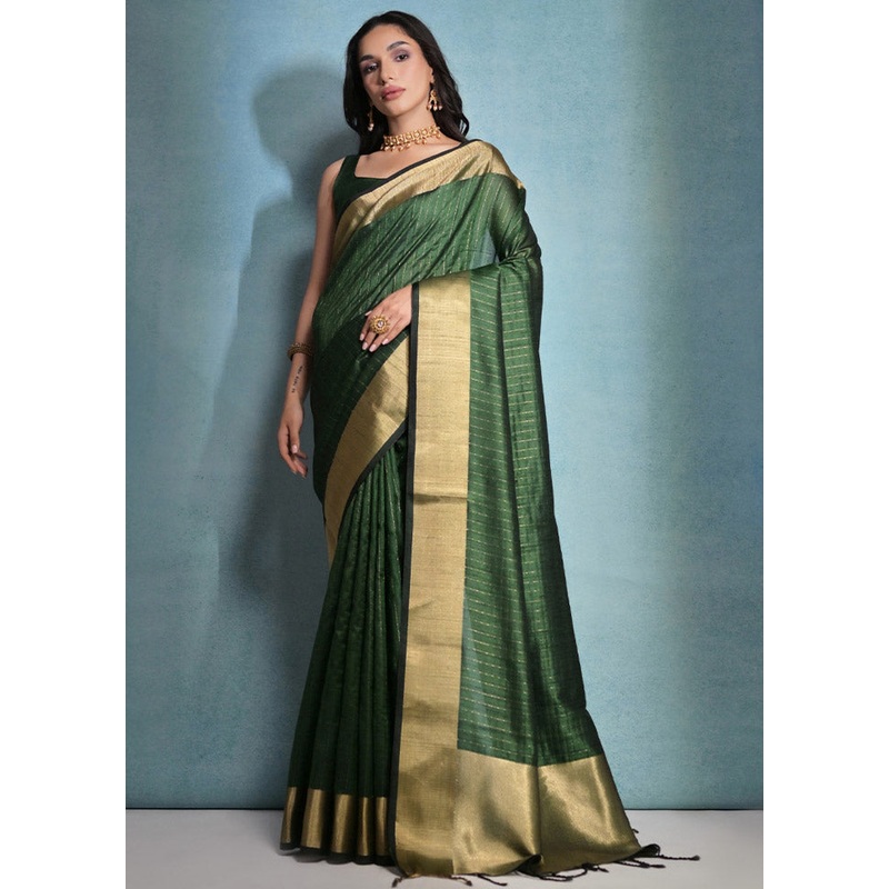 Green Dupion Silk Saree With Blouse Piece - JD986612800