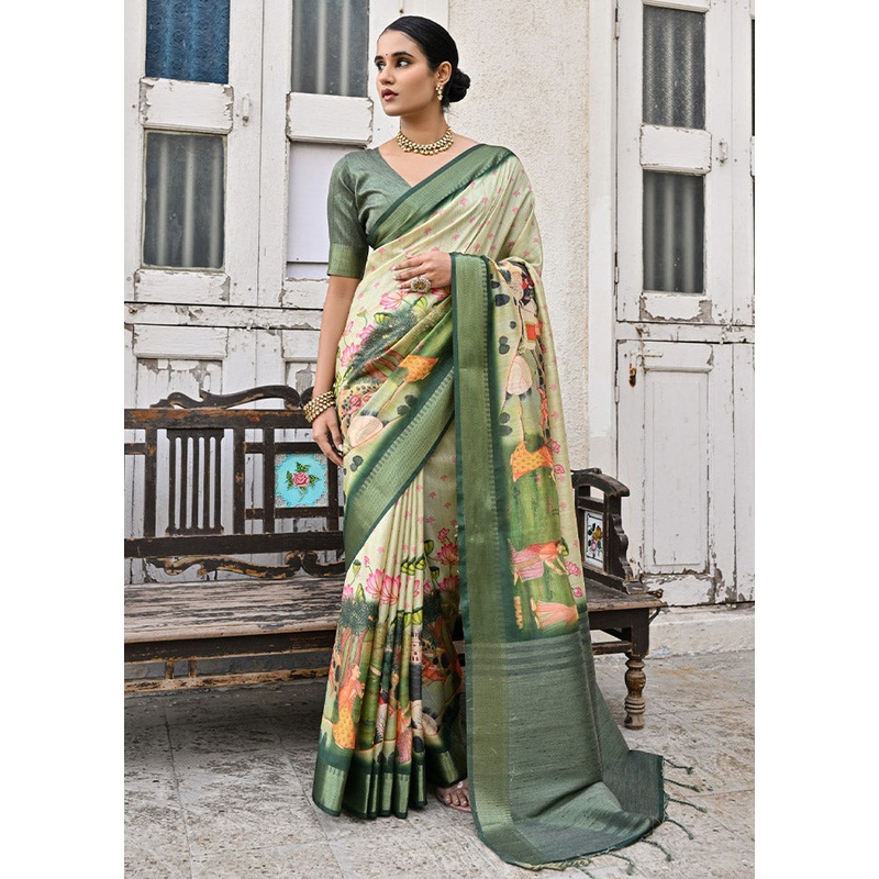 Green Tussar Silk Saree With Blouse Piece - JD986612797
