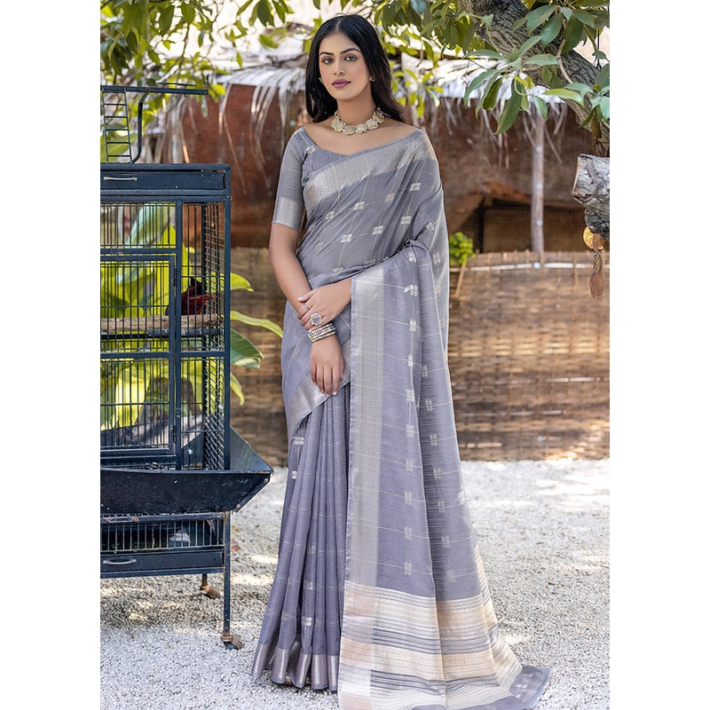 Grey Cotton Saree With Blouse Piece - JD986612793