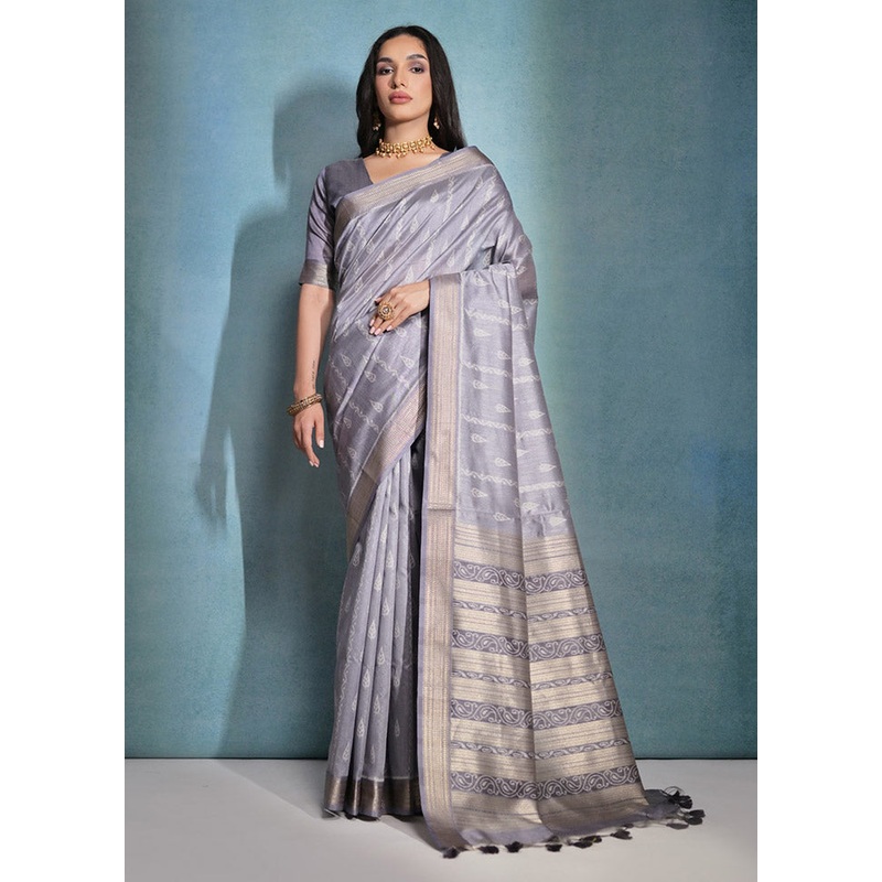 Grey Dupion Silk Saree With Blouse Piece - JD986612790