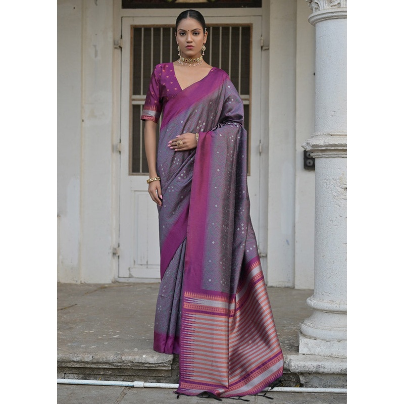 Grey Dupion Silk Saree With Blouse Piece - JD986612791