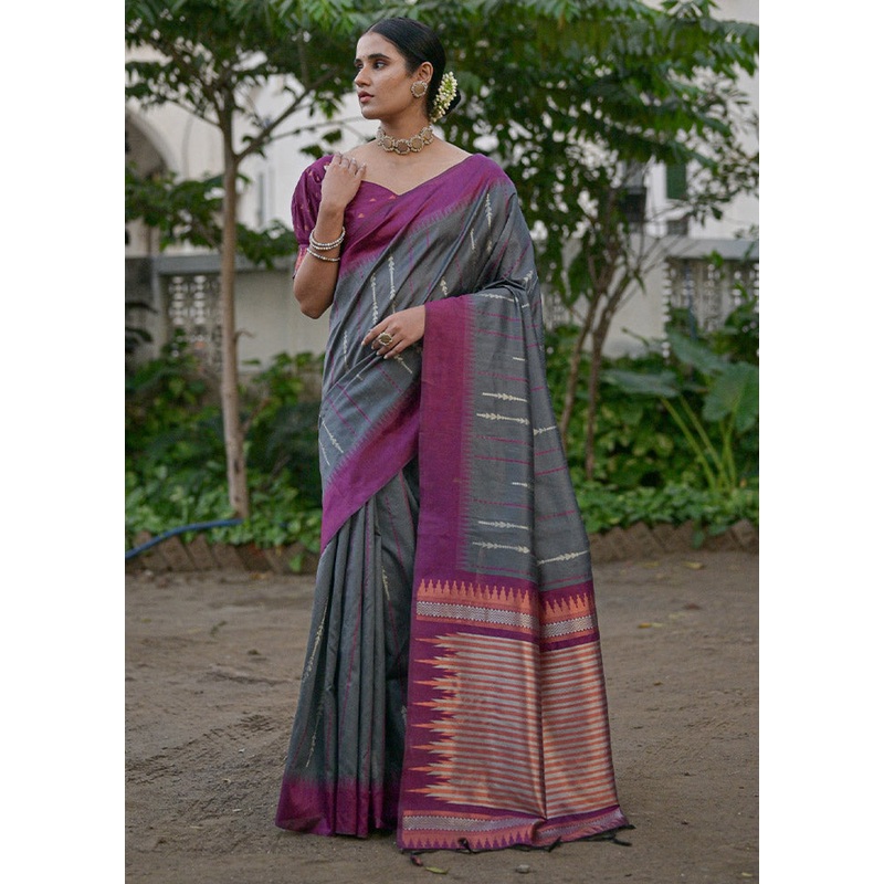 Grey Dupion Silk Saree With Blouse Piece - JD986612792