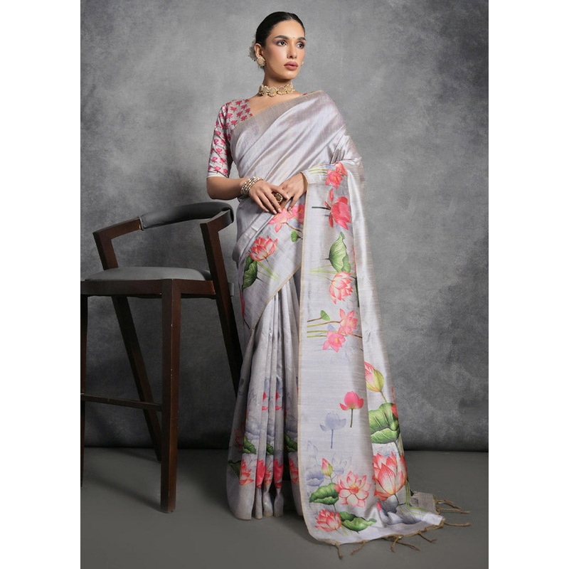 Grey Tussar Silk Saree With Blouse Piece - JD986612787