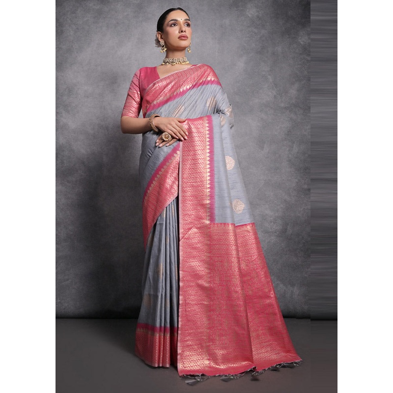 Grey Tussar Silk Saree With Blouse Piece - JD986612788