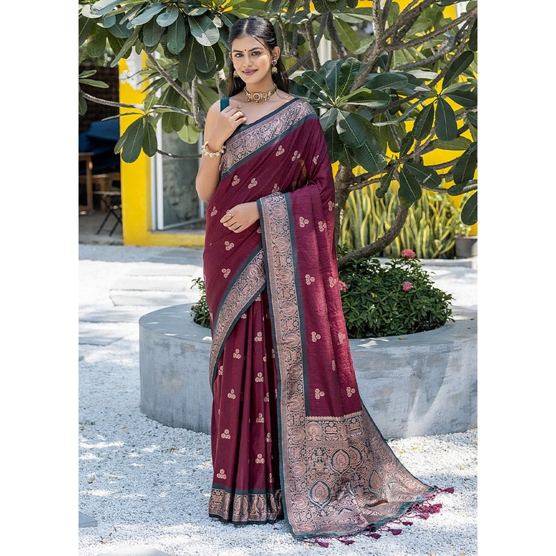Maroon Banarasi Silk Saree With Blouse Piece - JD986612786
