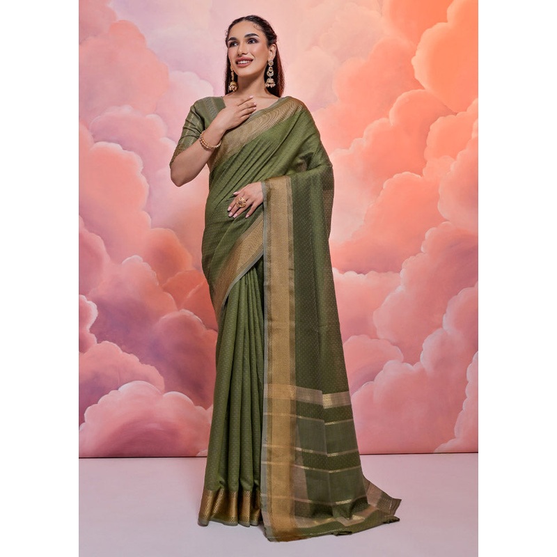 Mehendi Cotton Saree With Blouse Piece - JD986612782