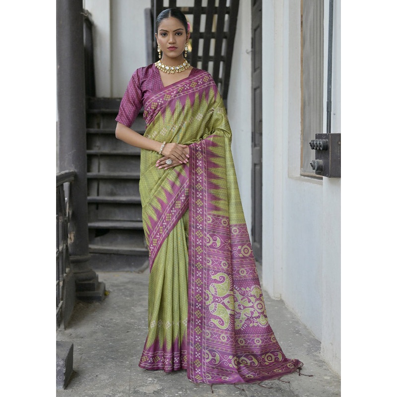 Mehendi Tussar Silk Saree With Blouse Piece - JD986612775
