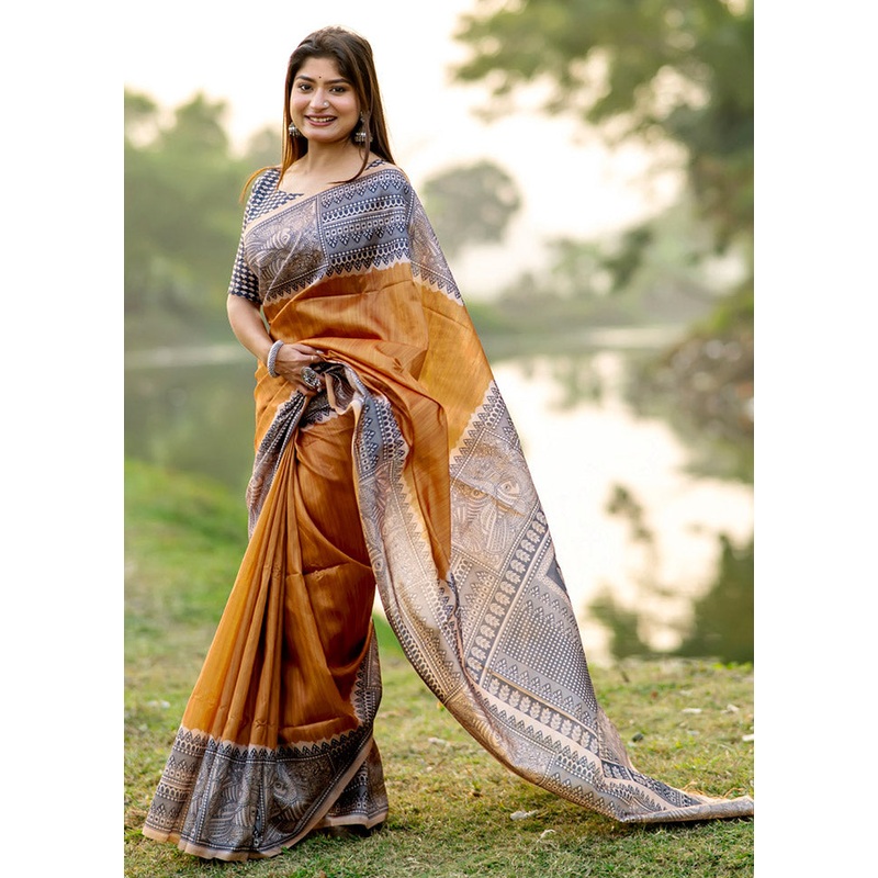 Mustard Tussar Silk Saree With Blouse Piece - JD986612774