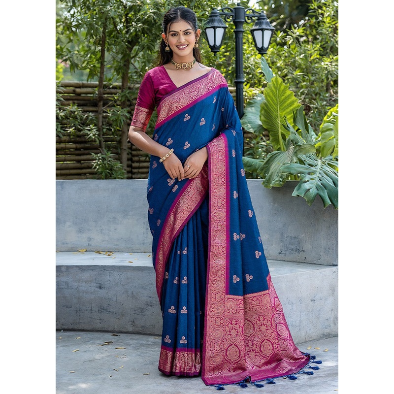 Navy Blue Banarasi Silk Saree With Blouse Piece - JD986612773