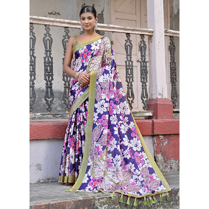 Navy Blue Cotton Saree With Blouse Piece - JD986612772