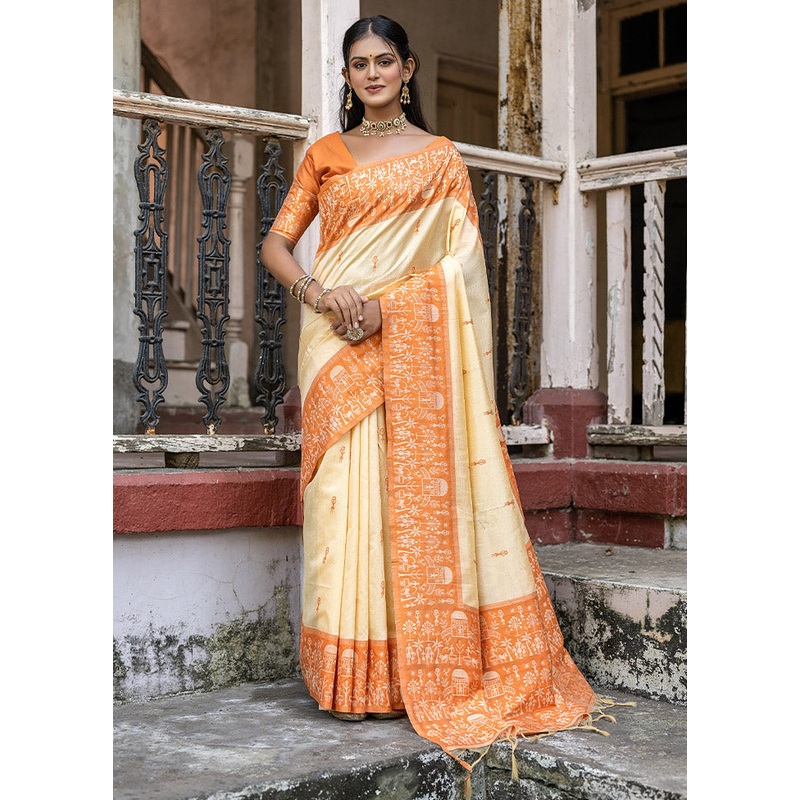 Orange Dupion Silk Saree With Blouse Piece - JD986612765