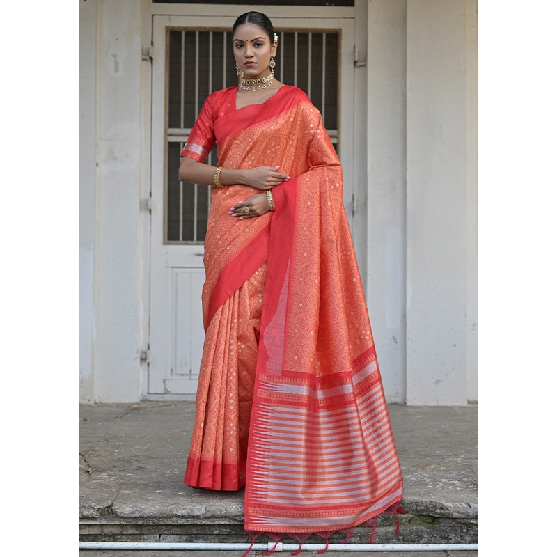 Orange Dupion Silk Saree With Blouse Piece - JD986612766