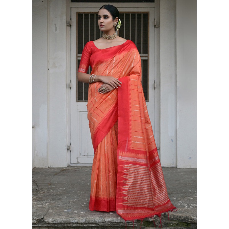 Orange Dupion Silk Saree With Blouse Piece - JD986612767