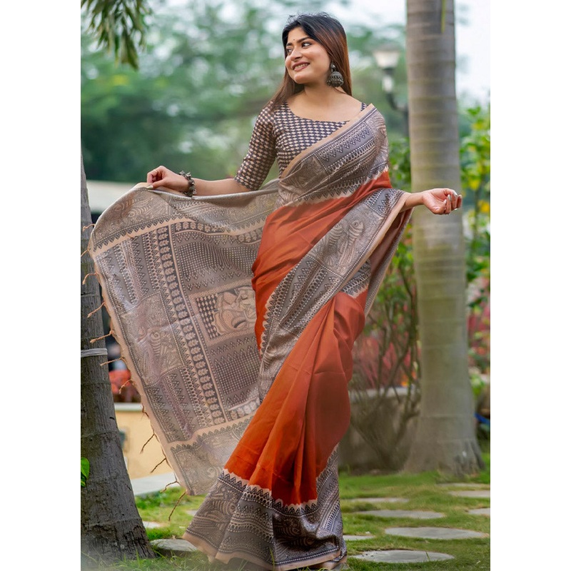 Orange Tussar Silk Saree With Blouse Piece - JD986612764