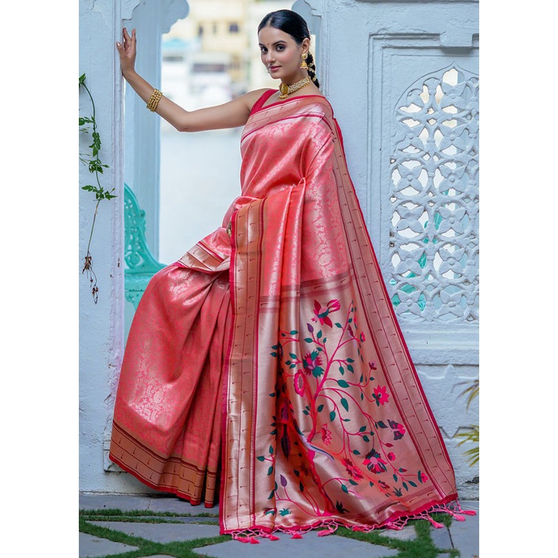 Peach Kanjivaram Silk Saree With Blouse Piece - JD986612762