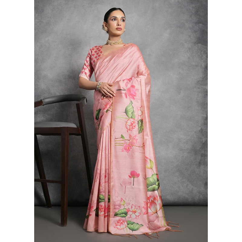Peach Tussar Silk Saree With Blouse Piece - JD986612761