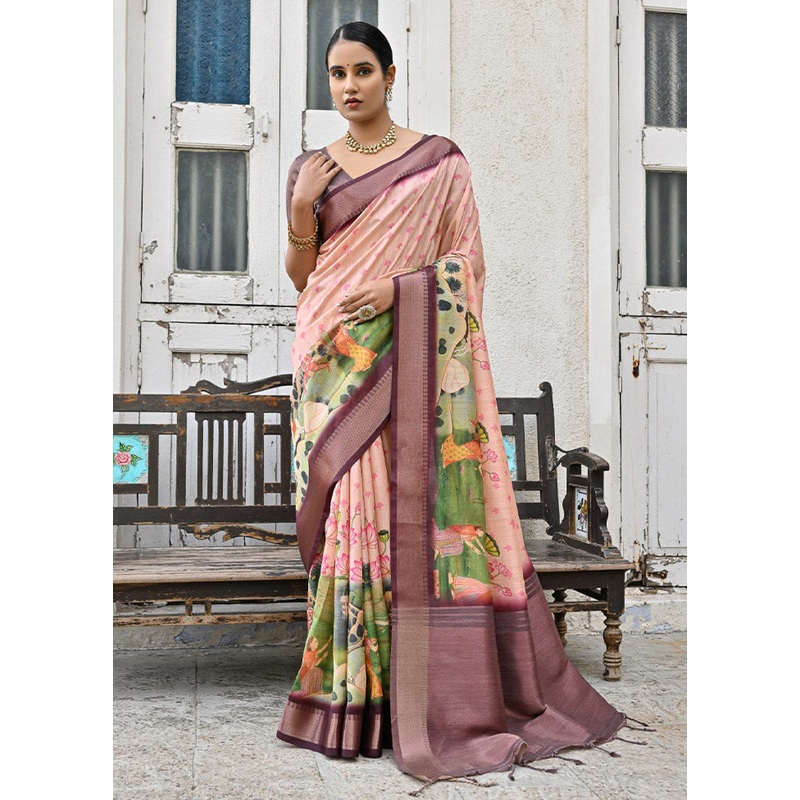 Peach Tussar Silk Saree With Blouse Piece - JD986612817