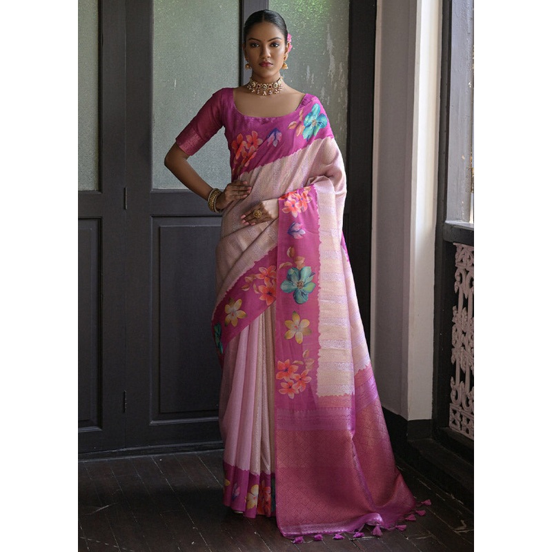 Pink Banarasi Silk Saree With Blouse Piece - JD986612859