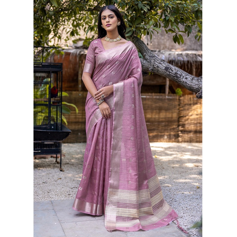 Pink Cotton Saree With Blouse Piece - JD986612758
