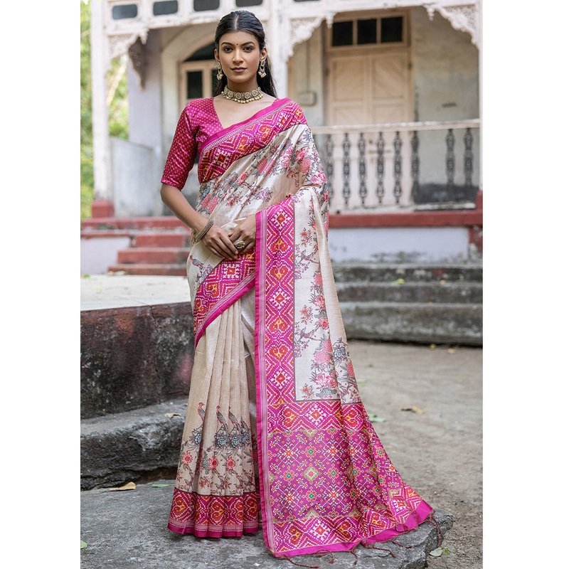 Pink Tussar Silk Saree With Blouse Piece - JD986612730
