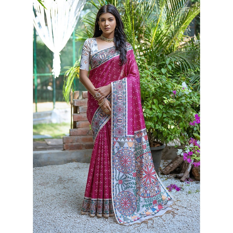Pink Tussar Silk Saree With Blouse Piece - JD986612751