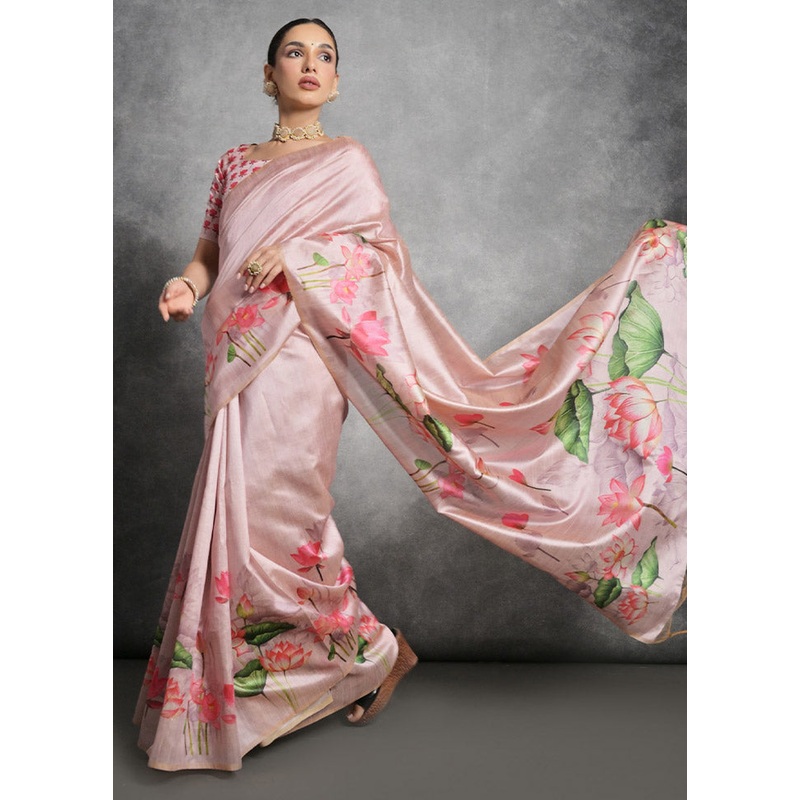 Pink Tussar Silk Saree With Blouse Piece - JD986612752