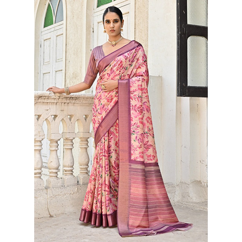 Pink Tussar Silk Saree With Blouse Piece - JD986612753