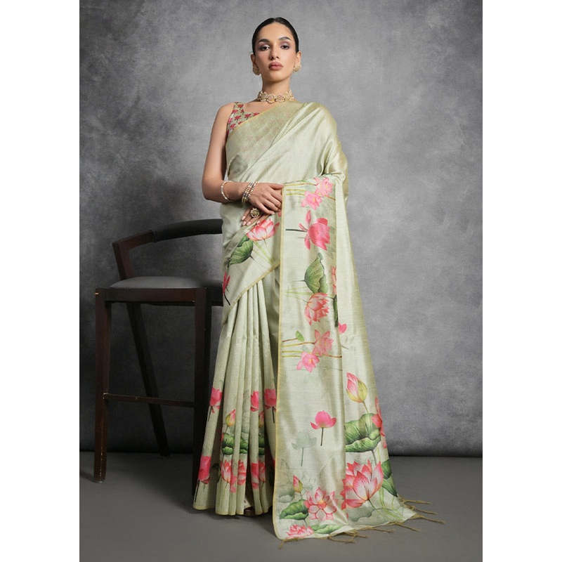 Pista Green Tussar Silk Saree With Blouse Piece - JD986612746