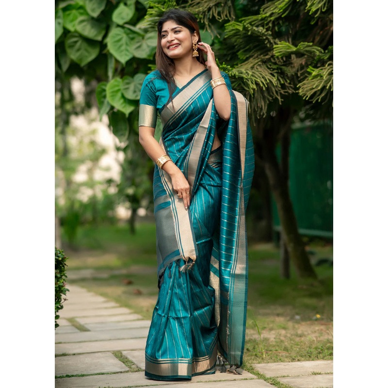 Rama Dupion Silk Saree With Blouse Piece - JD986612741