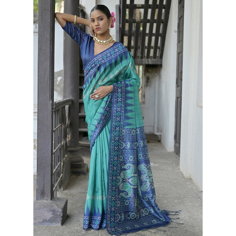 Rama Tussar Silk Saree With Blouse Piece - JD986612737