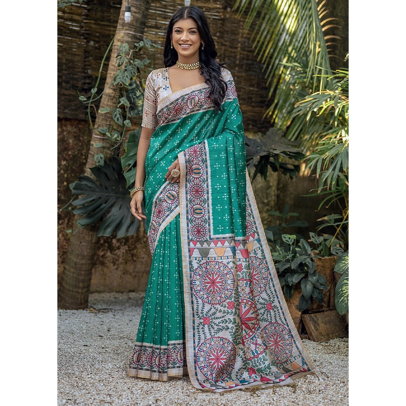 Rama Tussar Silk Saree With Blouse Piece - JD986612738