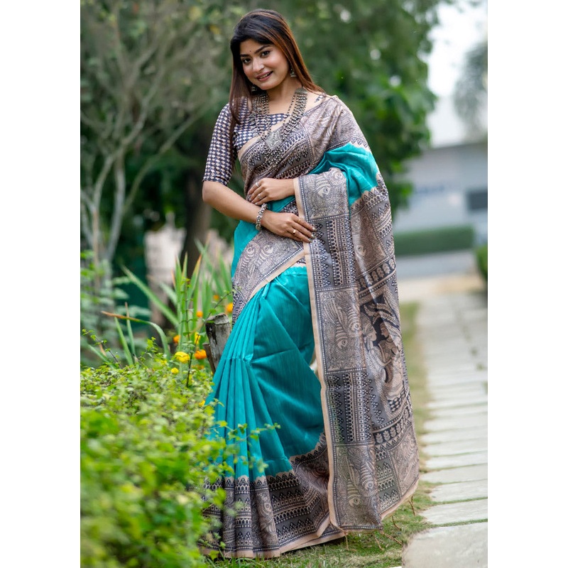Rama Tussar Silk Saree With Blouse Piece - JD986612739