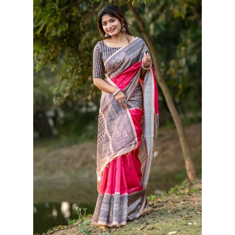 Rani Tussar Silk Saree With Blouse Piece - JD986612731