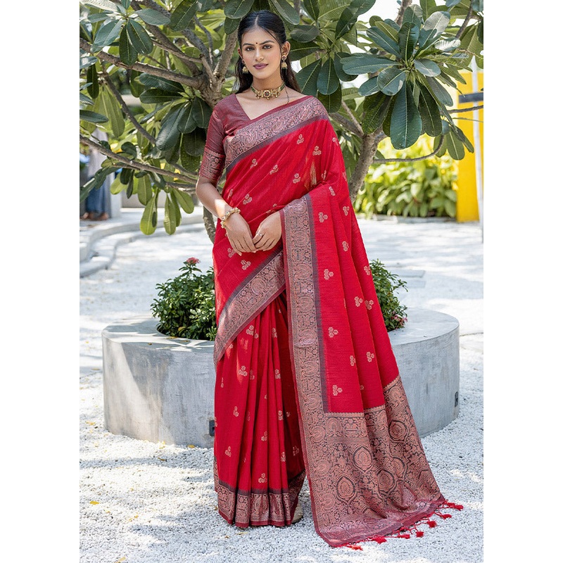 Red Banarasi Silk Saree With Blouse Piece - JD986612727