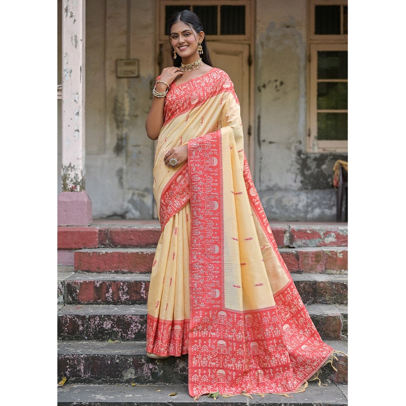 Red Dupion Silk Saree With Blouse Piece - JD986612726
