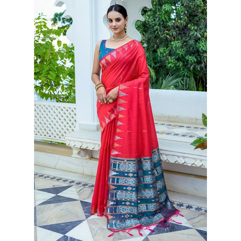 Red Dupion Silk Saree With Blouse Piece - JD986612877