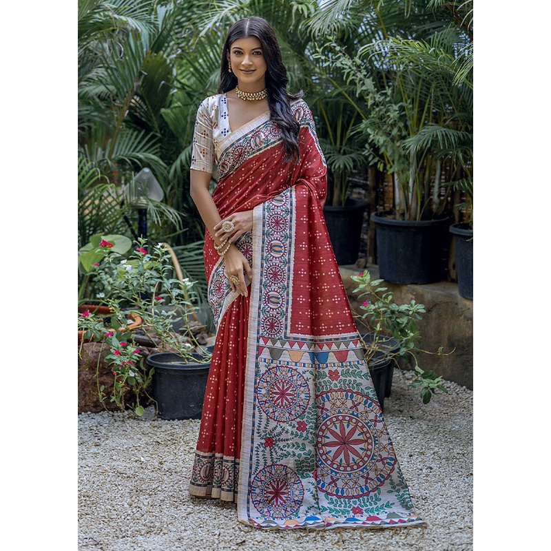 Red Tussar Silk Saree With Blouse Piece - JD986612724