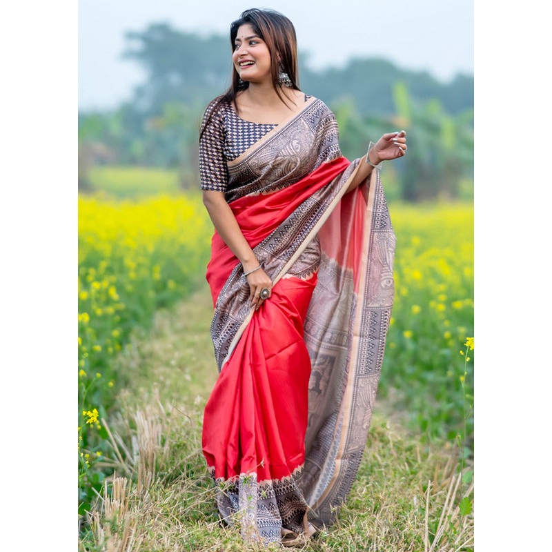 Red Tussar Silk Saree With Blouse Piece - JD986612725