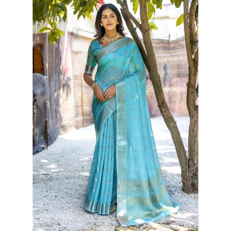 Sea Green Cotton Saree With Blouse Piece - JD986612719
