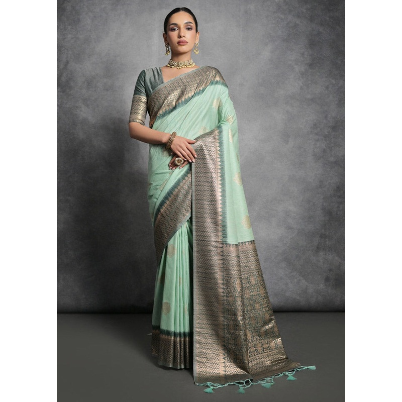 Sea Green Tussar Silk Saree With Blouse Piece - JD986612714