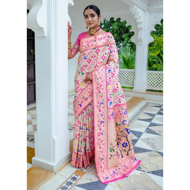 White Dupion Silk Saree With Blouse Piece - JD986612713