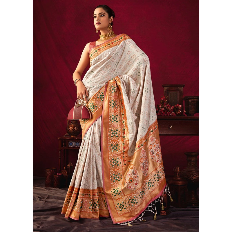 White Dupion Silk Saree With Blouse Piece - JD986612863