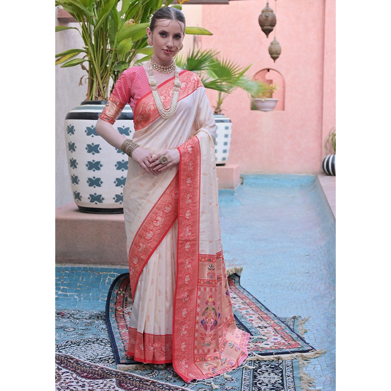 White Dupion Silk Saree With Blouse Piece - JD986612864