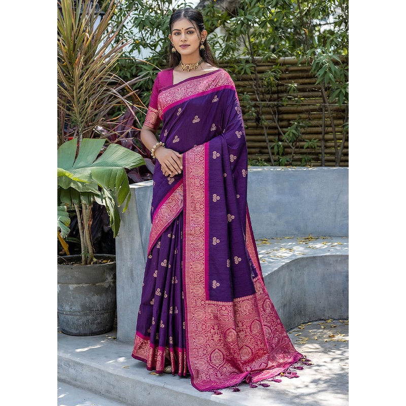Wine Banarasi Silk Saree With Blouse Piece - JD986612709