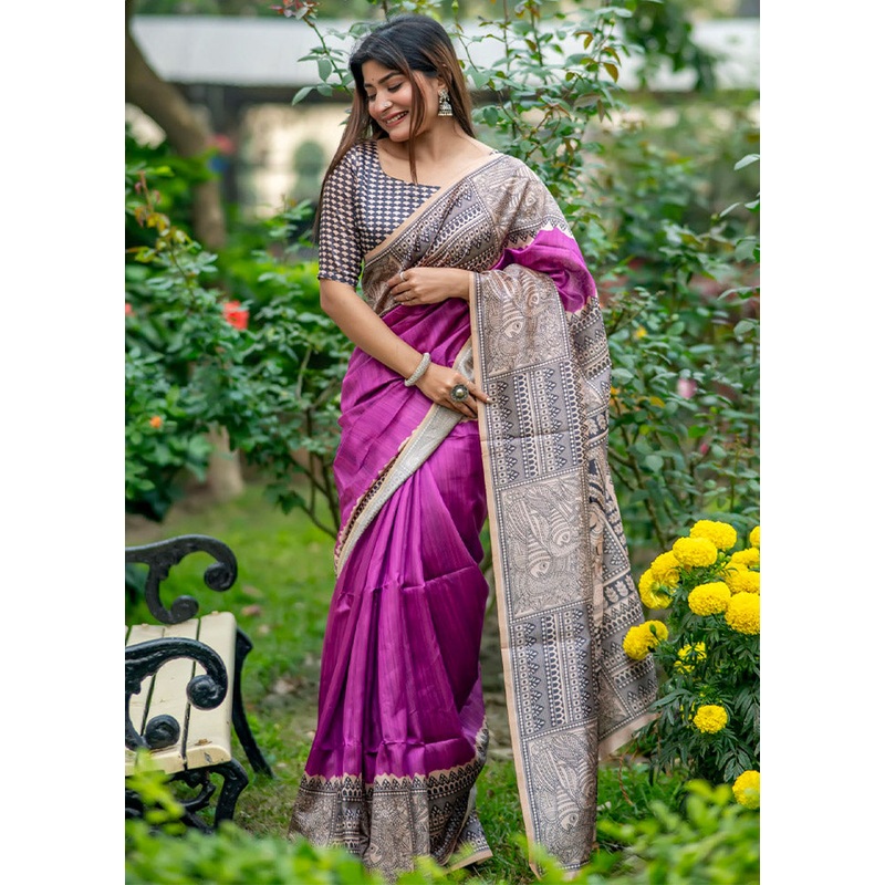 Wine Tussar Silk Saree With Blouse Piece - JD986612700