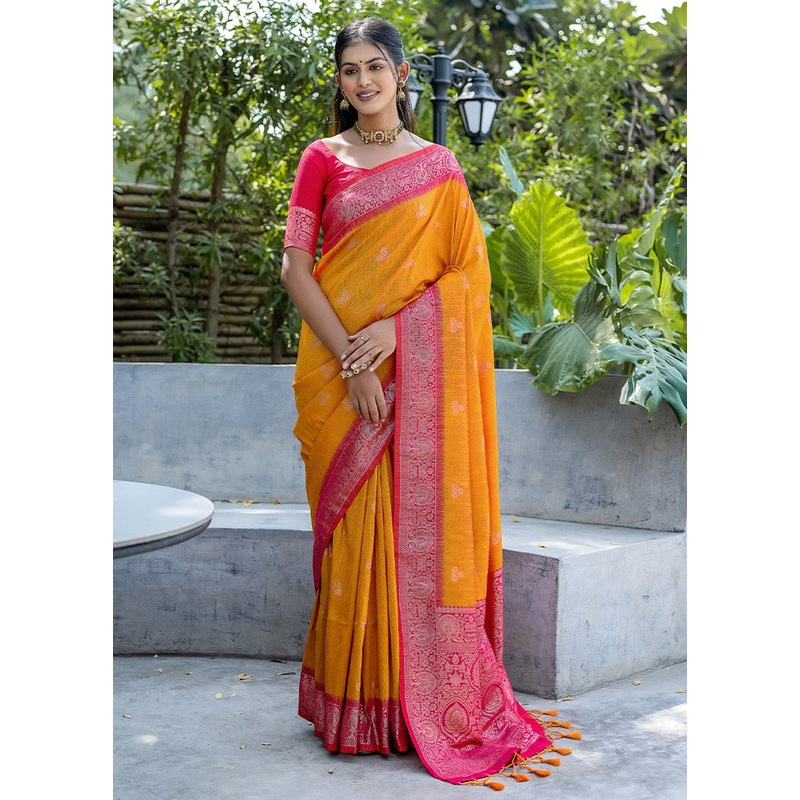 Yellow Banarasi Silk Saree With Blouse Piece - JD986612695