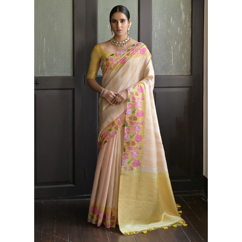 Yellow Banarasi Silk Saree With Blouse Piece - JD986612696